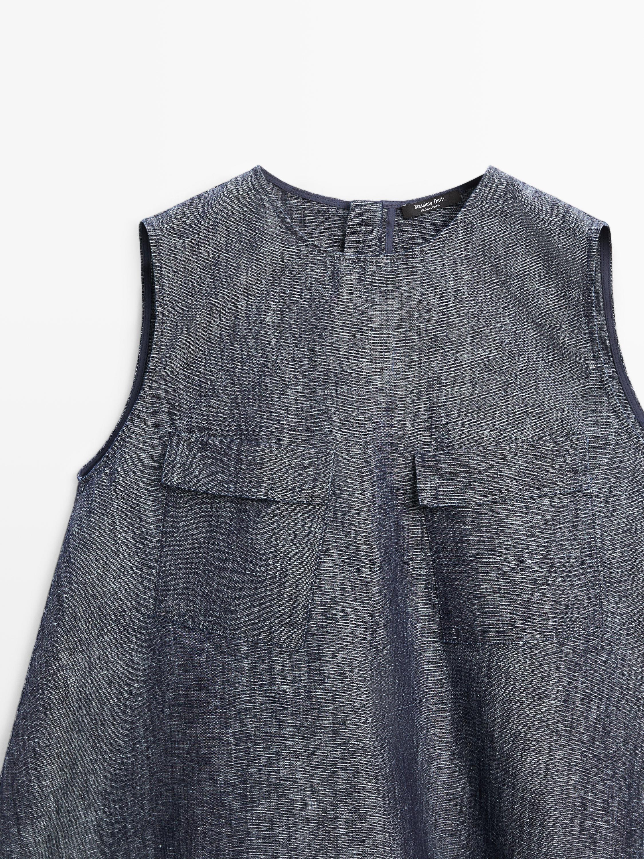 Cotton and linen denim blouse with pockets